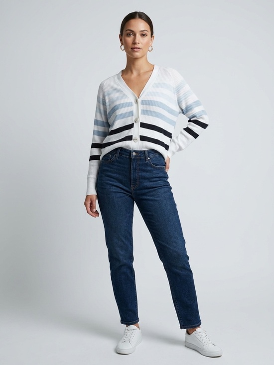 cleo Sweaters - cleo V-Neck Button Stripe Cardigan in White, Light Blue & Black